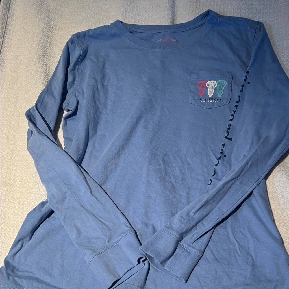 Vineyard Vines Kids Blue Long-Sleeve Pocket Tee with Lacrosse Graphic